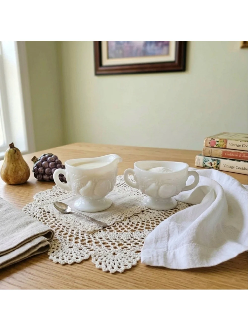 Vintage Westmoreland Milk Glass Harvest Creamer and Sugar Bowl Set MINT